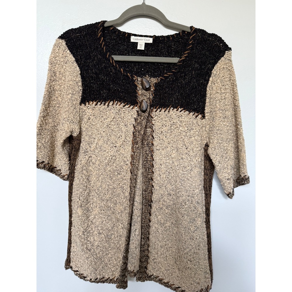 Coldwater Creek Knit Cardigan Sweater Brown Black Short Sleeve Buttons M